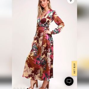 Lulu's NWT Put on a Smile Burgundy Floral Print Satin Wrap Maxi Dress